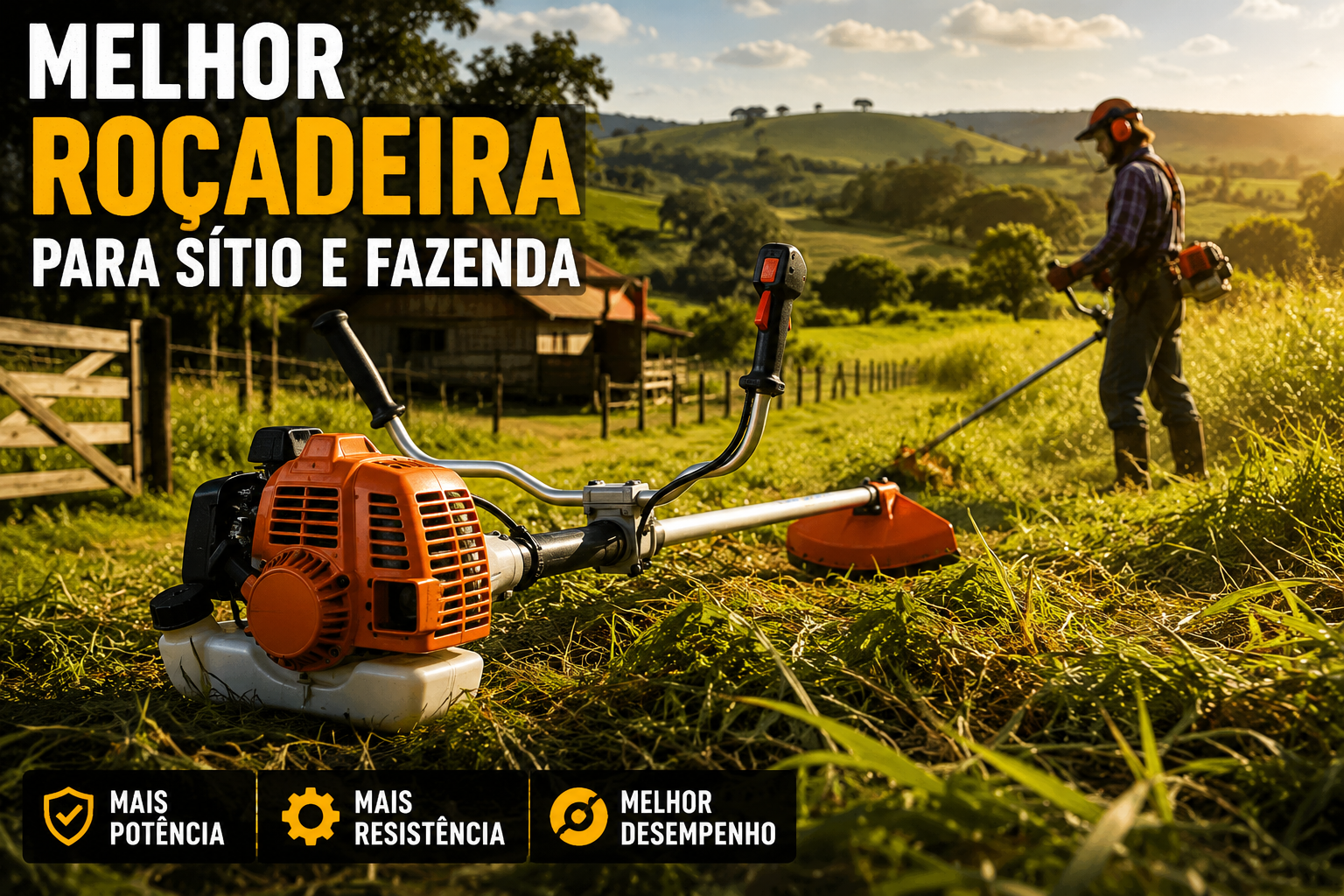 Roçadeira a gasolina sendo utilizada em uma fazenda com mato alto e área rural ao fundo durante o pôr do sol.