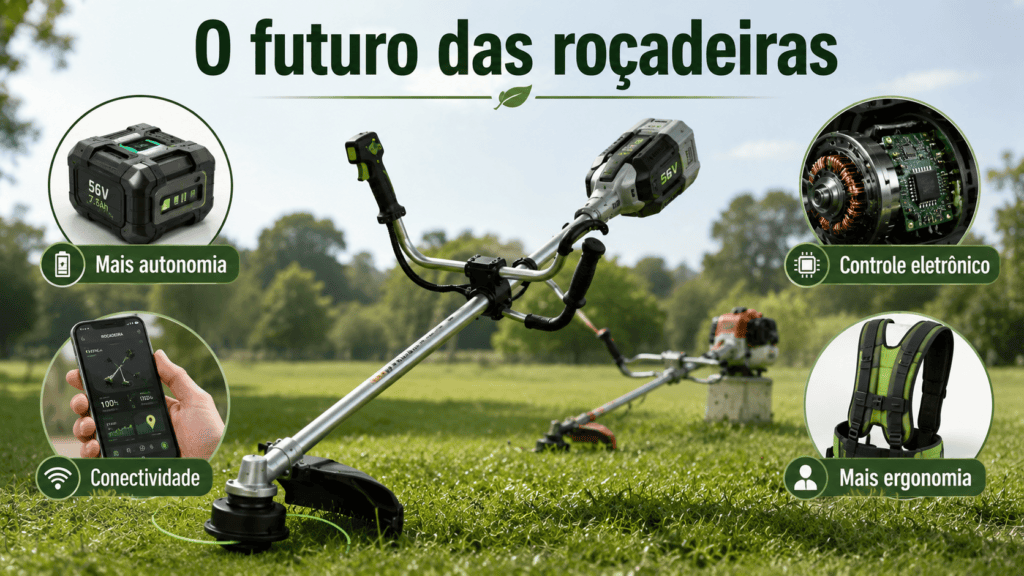 Roçadeira moderna a bateria com destaques para maior autonomia, controle eletrônico, conectividade e ergonomia.