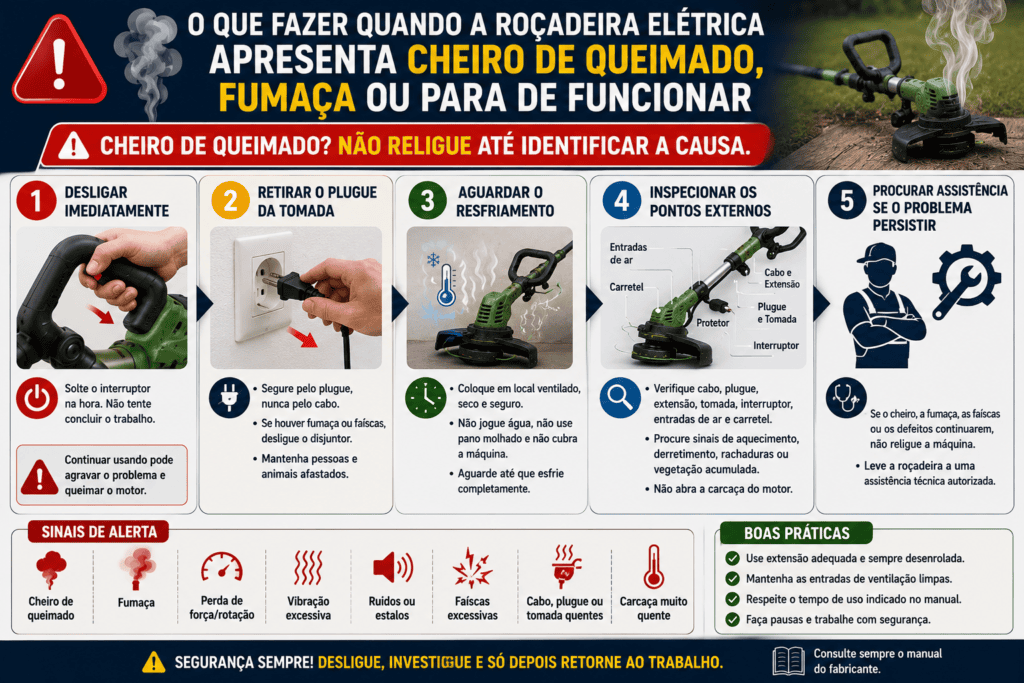 Infográfico com cinco etapas de segurança para agir quando a roçadeira elétrica apresenta cheiro de queimado, fumaça ou para de funcionar.