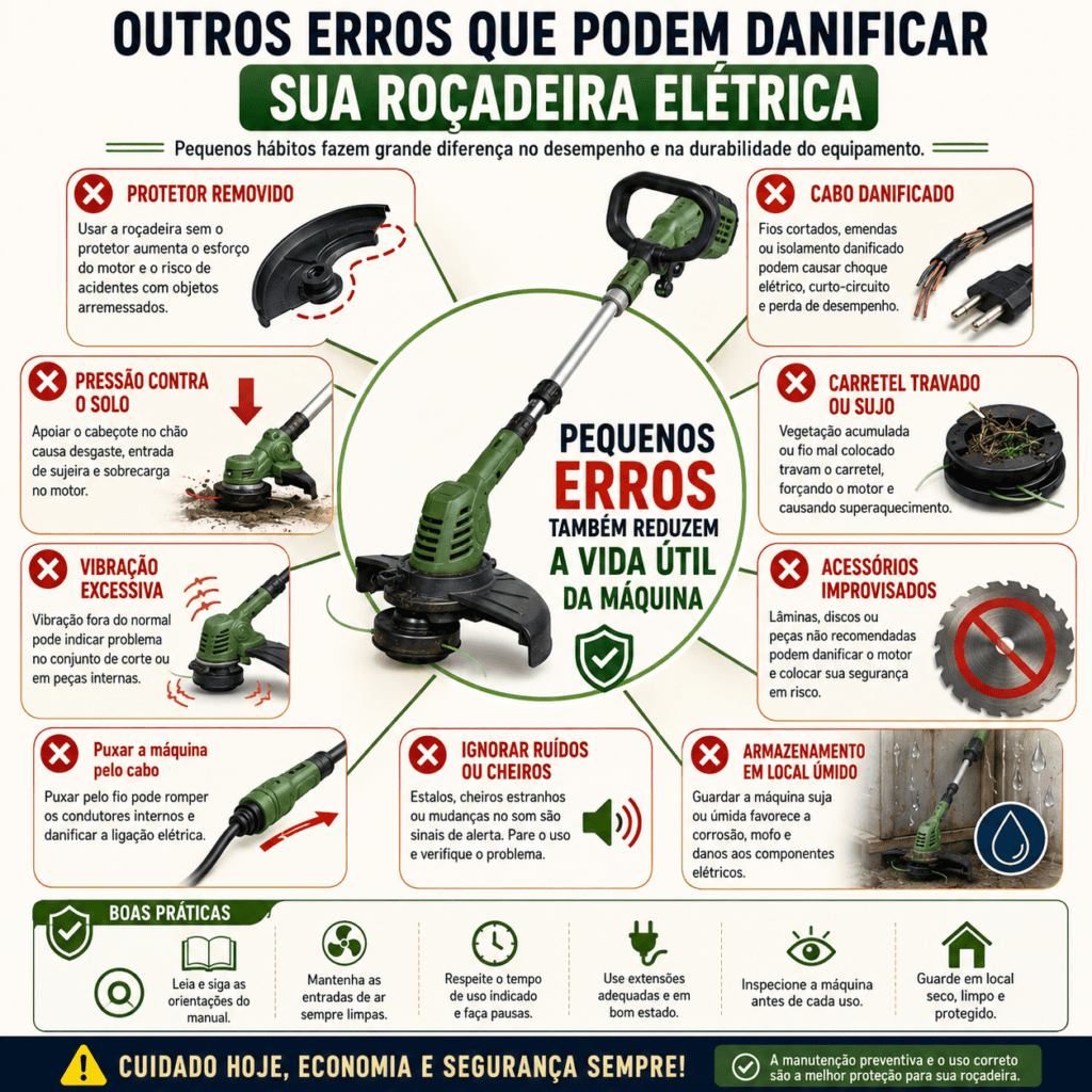 Infográfico com roçadeira elétrica ao centro e alertas sobre protetor removido, cabo danificado, carretel travado, vibração, acessórios improvisados e armazenamento em local úmido.