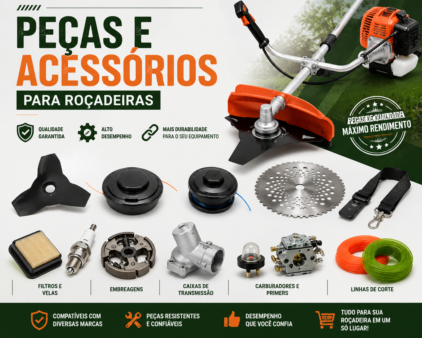 Peças e acessórios para roçadeiras organizados em bancada, incluindo carretel de nylon, lâminas, velas, filtros, cabeçotes e equipamentos de manutenção.