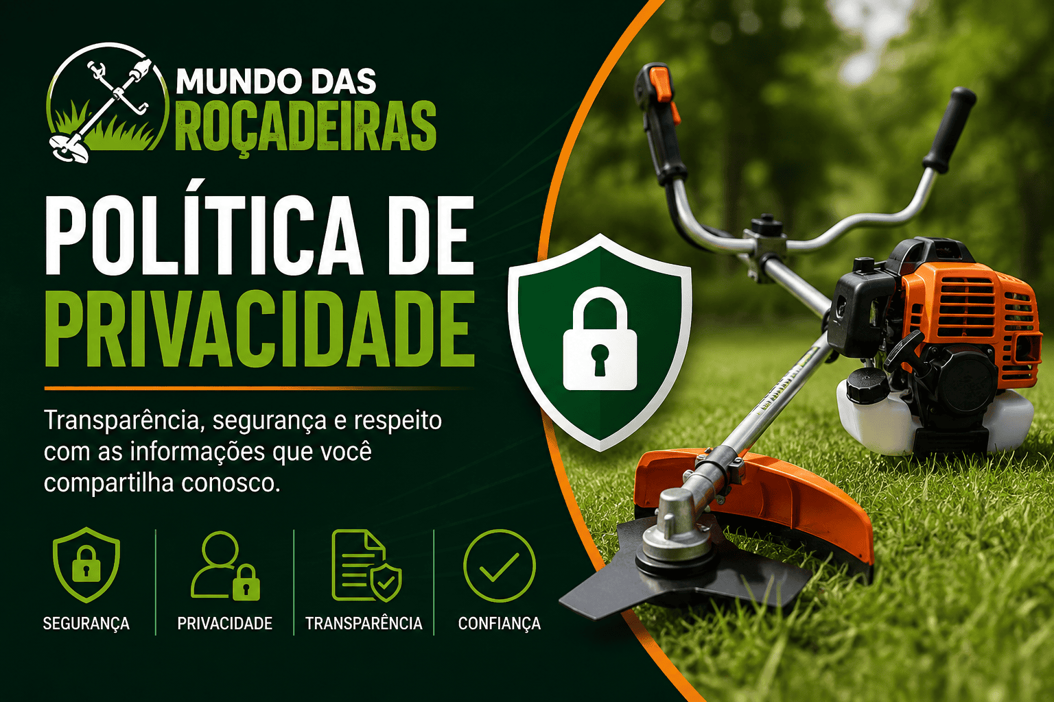 Imagem da página de Política de Privacidade do site Mundo das Roçadeiras com roçadeira em destaque, escudo de segurança e elementos visuais sobre privacidade e proteção de dados.