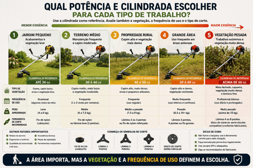 Infográfico com cinco níveis de uso de roçadeiras, do jardim pequeno à vegetação pesada, comparando cilindrada, tipo de vegetação, frequência de uso, peso e ferramenta de corte.
