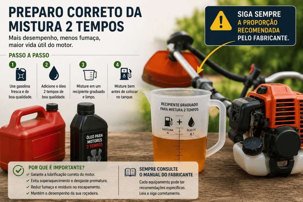 Infográfico mostrando o preparo correto da mistura de gasolina e óleo 2 tempos em um recipiente graduado ao lado de uma roçadeira a gasolina, destacando a importância de seguir a proporção recomendada pelo fabricante.