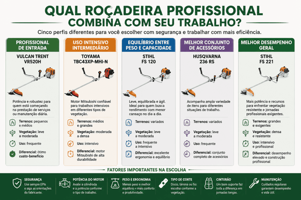 Infográfico comparando Vulcan Trent VR520H, Toyama TBC43XP-MHI-N, STIHL FS 120, Husqvarna 236 RS e STIHL FS 221 por perfil de uso profissional.