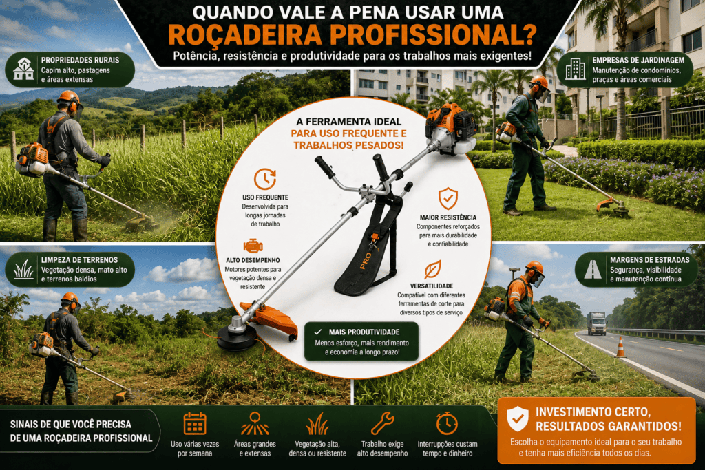 Infográfico com uma roçadeira profissional ao centro e quatro cenários de uso: propriedade rural, jardinagem em condomínio, limpeza de terreno e manutenção de margem de estrada.