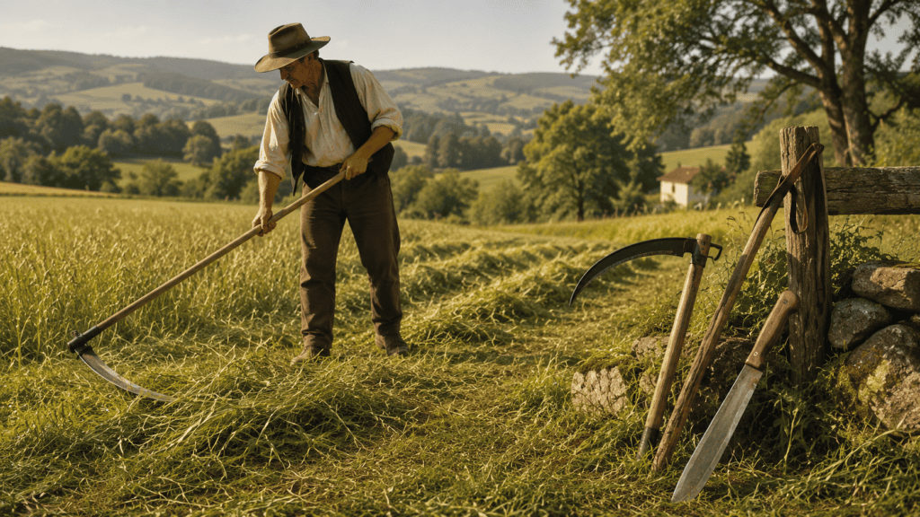 Trabalhador rural utilizando uma gadanha de cabo longo em um campo, com uma foice e um facão apoiados próximos a uma cerca.
