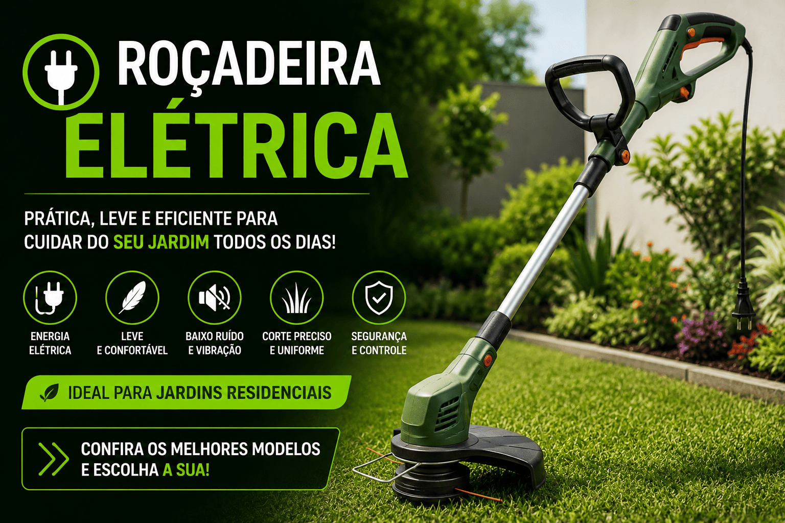 Roçadeira elétrica utilizada para cortar grama em um jardim residencial, destacando sua praticidade, baixo nível de ruído e eficiência na manutenção de gramados.