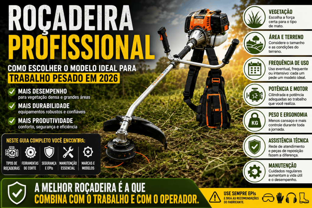 Roçadeira profissional a gasolina em terreno rural, com critérios de escolha como potência, ergonomia, frequência de uso, manutenção e assistência técnica.