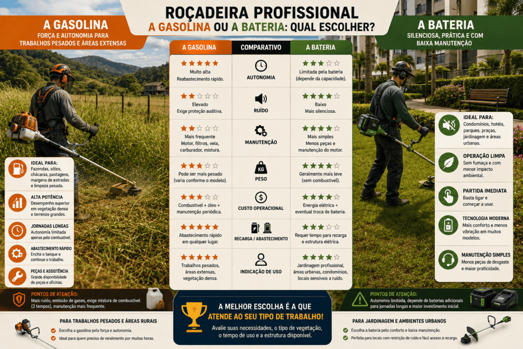 Infográfico comparando roçadeira profissional a gasolina em área rural e roçadeira a bateria em condomínio, com diferenças de autonomia, ruído, manutenção, peso, custo e recarga.