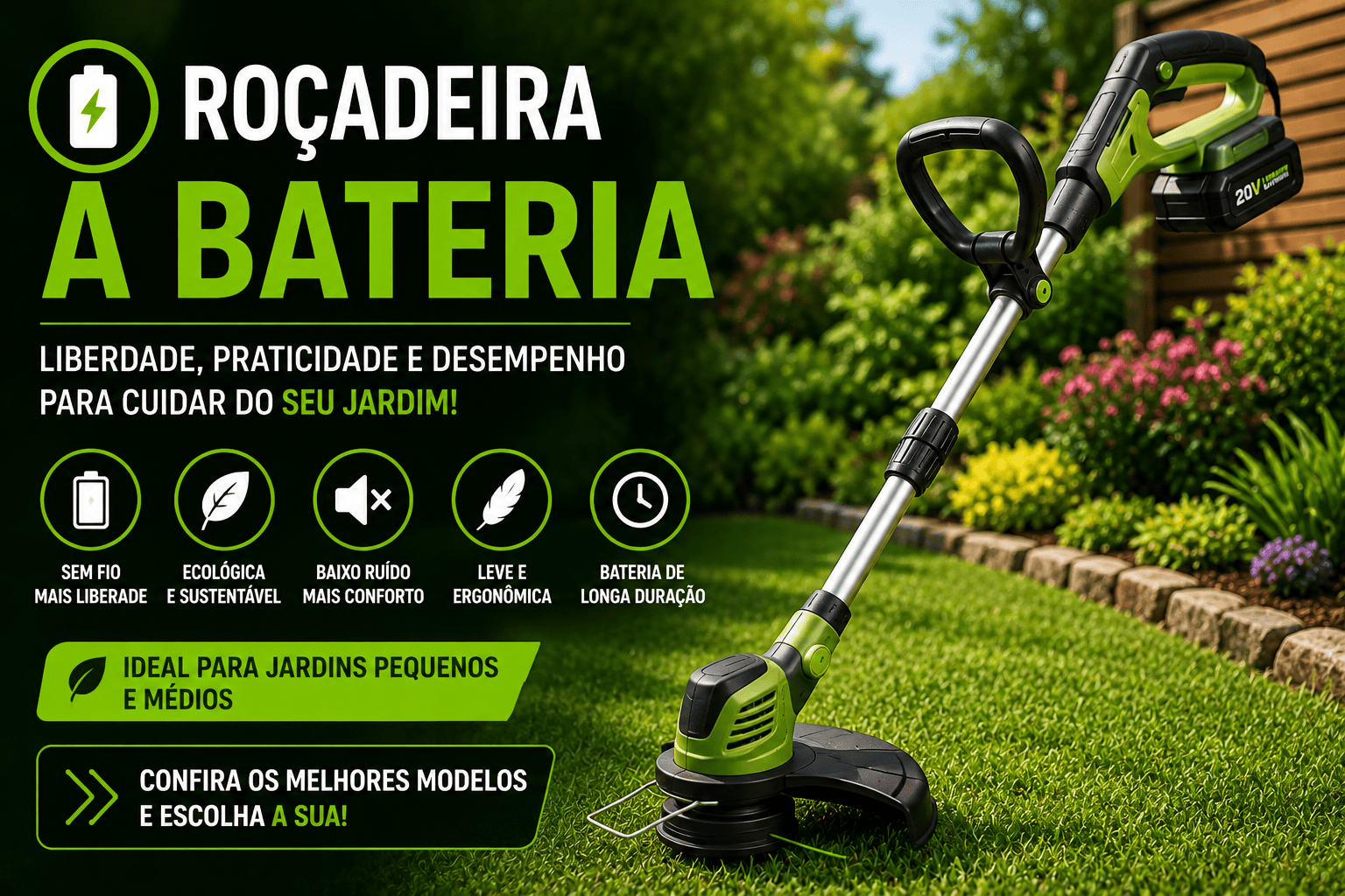 Roçadeira a bateria utilizada para cortar grama em um jardim residencial, destacando a praticidade, mobilidade sem fio e baixo nível de ruído para manutenção de áreas verdes.