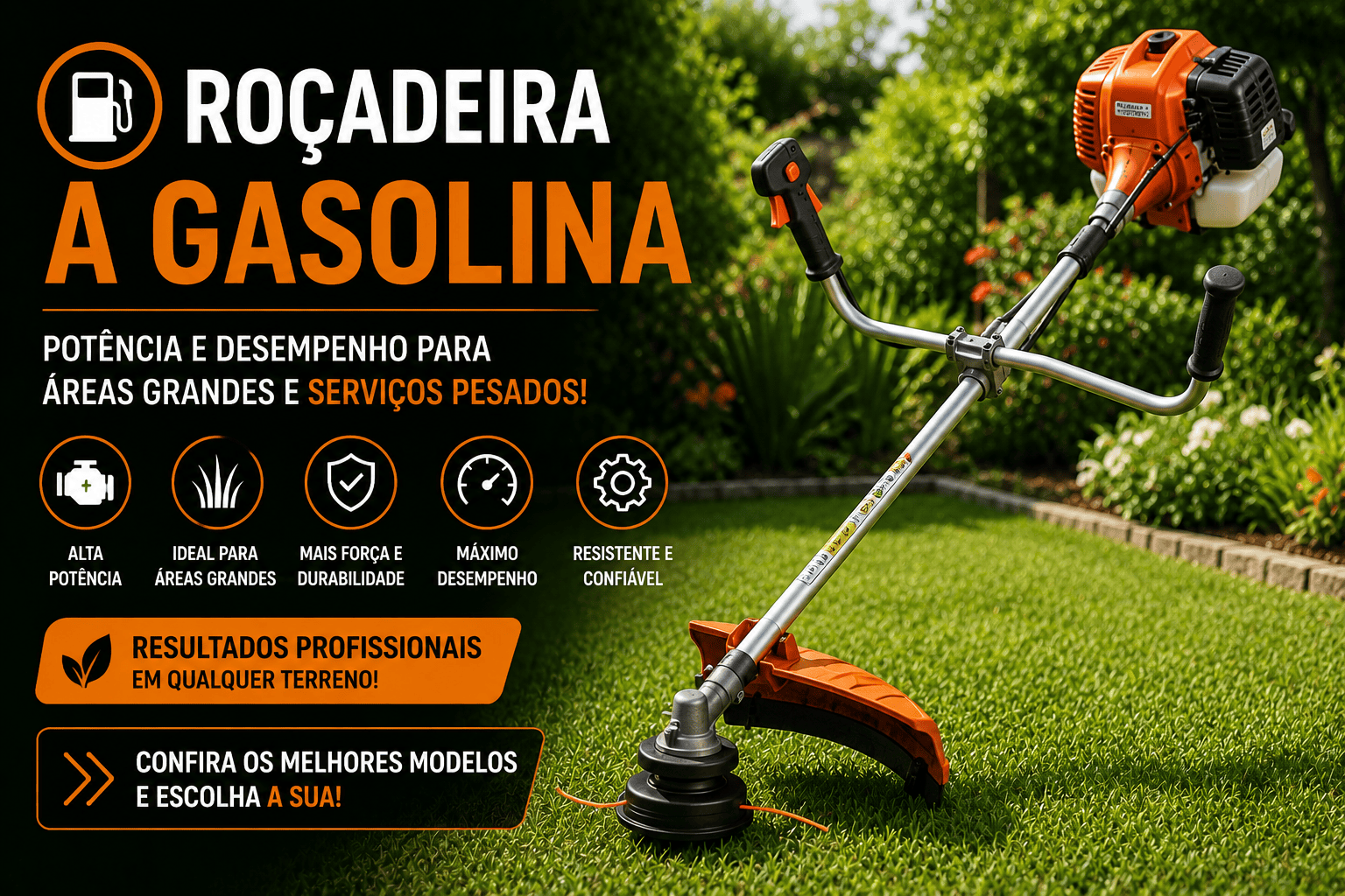 Roçadeira a gasolina utilizada para cortar grama e vegetação em grandes áreas, destacando sua alta potência, autonomia e desempenho em jardins, chácaras e terrenos.