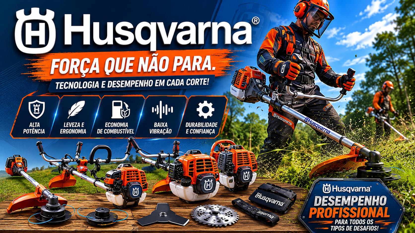 Imagem promocional de roçadeiras Husqvarna utilizadas em trabalhos profissionais de corte de vegetação e manutenção de terrenos.
