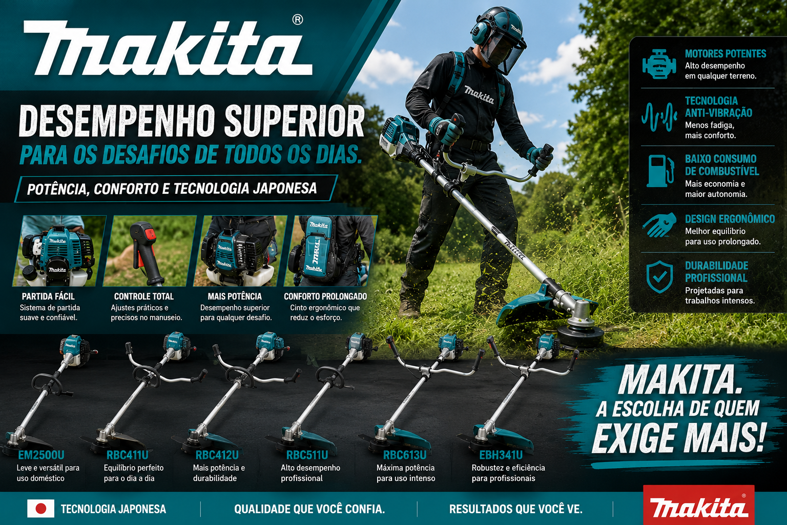 Imagem promocional de roçadeiras Makita modernas sendo utilizadas em trabalhos de jardinagem e manutenção de áreas verdes.