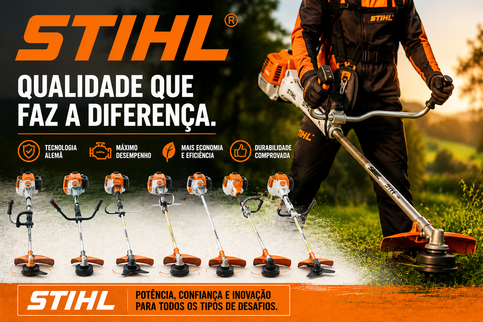 Imagem promocional mostrando roçadeiras STIHL modernas em uso profissional em área de jardinagem e corte de vegetação.