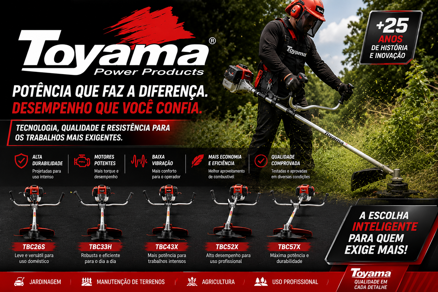 Imagem promocional de roçadeiras Toyama utilizadas em serviços de jardinagem, corte de mato e manutenção de terrenos.