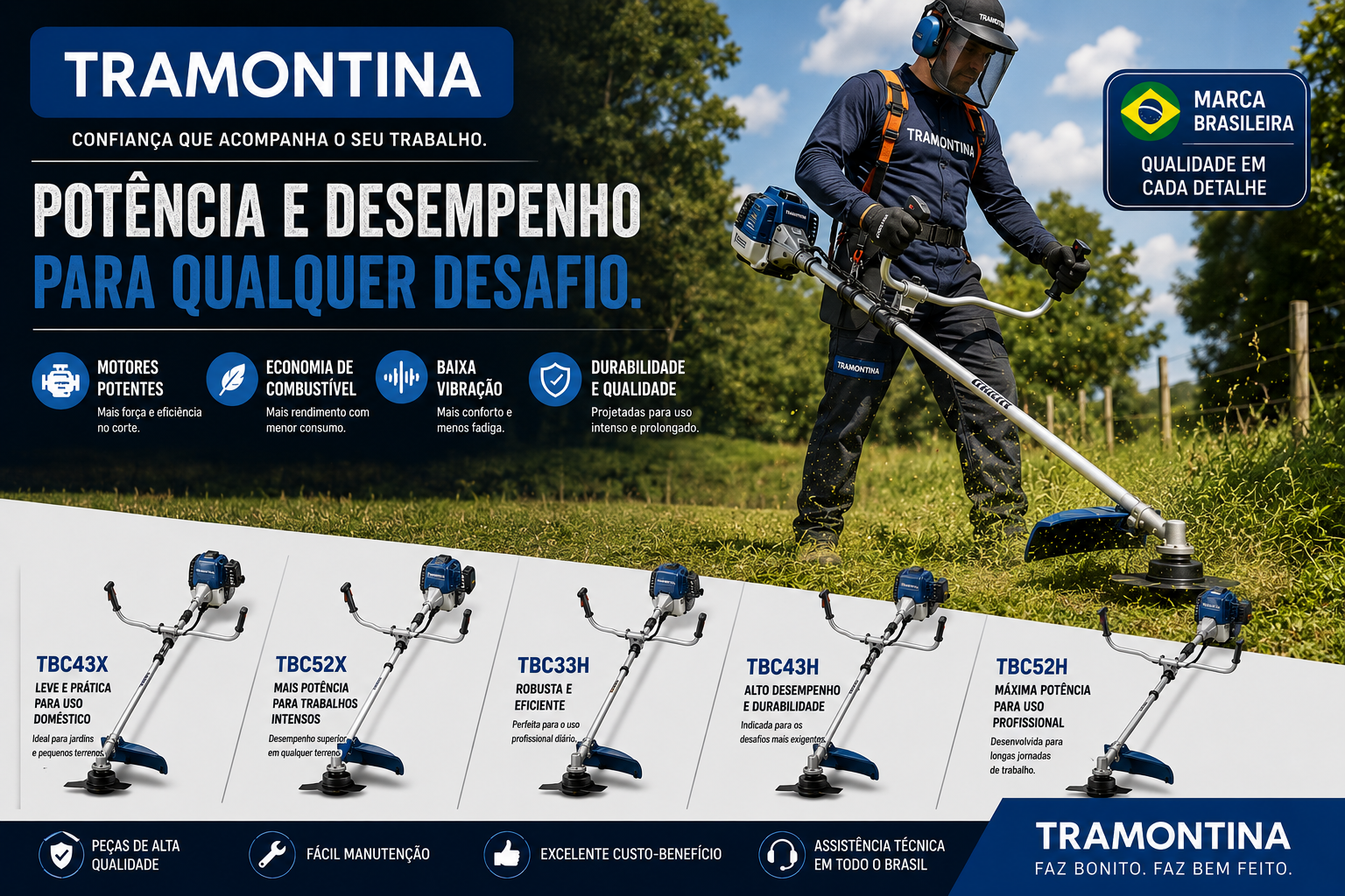Imagem promocional de roçadeiras Tramontina utilizadas em trabalhos de jardinagem, corte de grama e manutenção de terrenos.