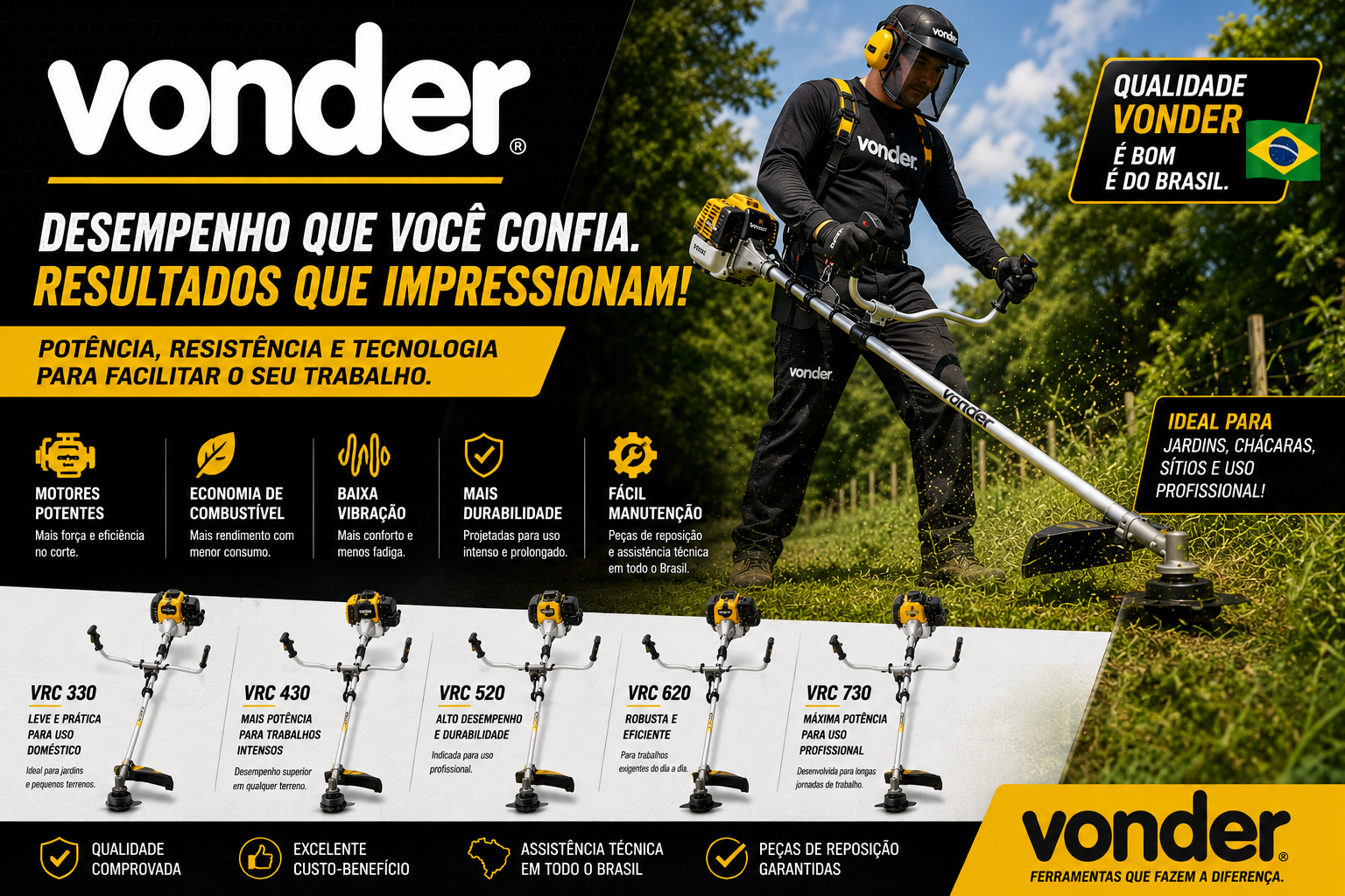 Imagem promocional de roçadeiras Vonder utilizadas em serviços de jardinagem, corte de mato e manutenção de terrenos.