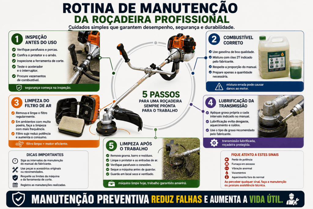 Infográfico com uma roçadeira profissional ao centro e cinco etapas de manutenção: inspeção, combustível correto, limpeza do filtro, lubrificação da transmissão e limpeza após o uso.