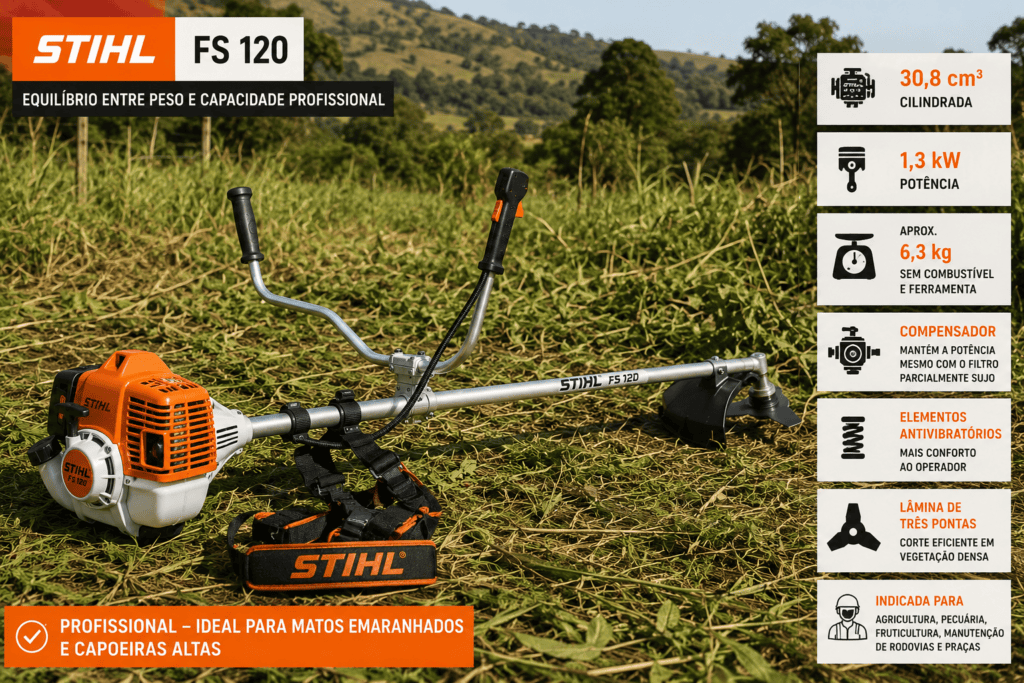 Roçadeira STIHL FS 120 em área rural, com motor de 30,8 cm³, potência de 1,3 kW, lâmina de três pontas, cinta dupla e sistema antivibratório.