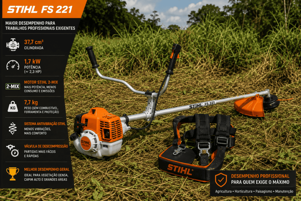 Roçadeira STIHL FS 221 em área rural, com motor de 37,7 cm³, potência de 1,7 kW, sistema antivibração, válvula de descompressão e cinta dupla.