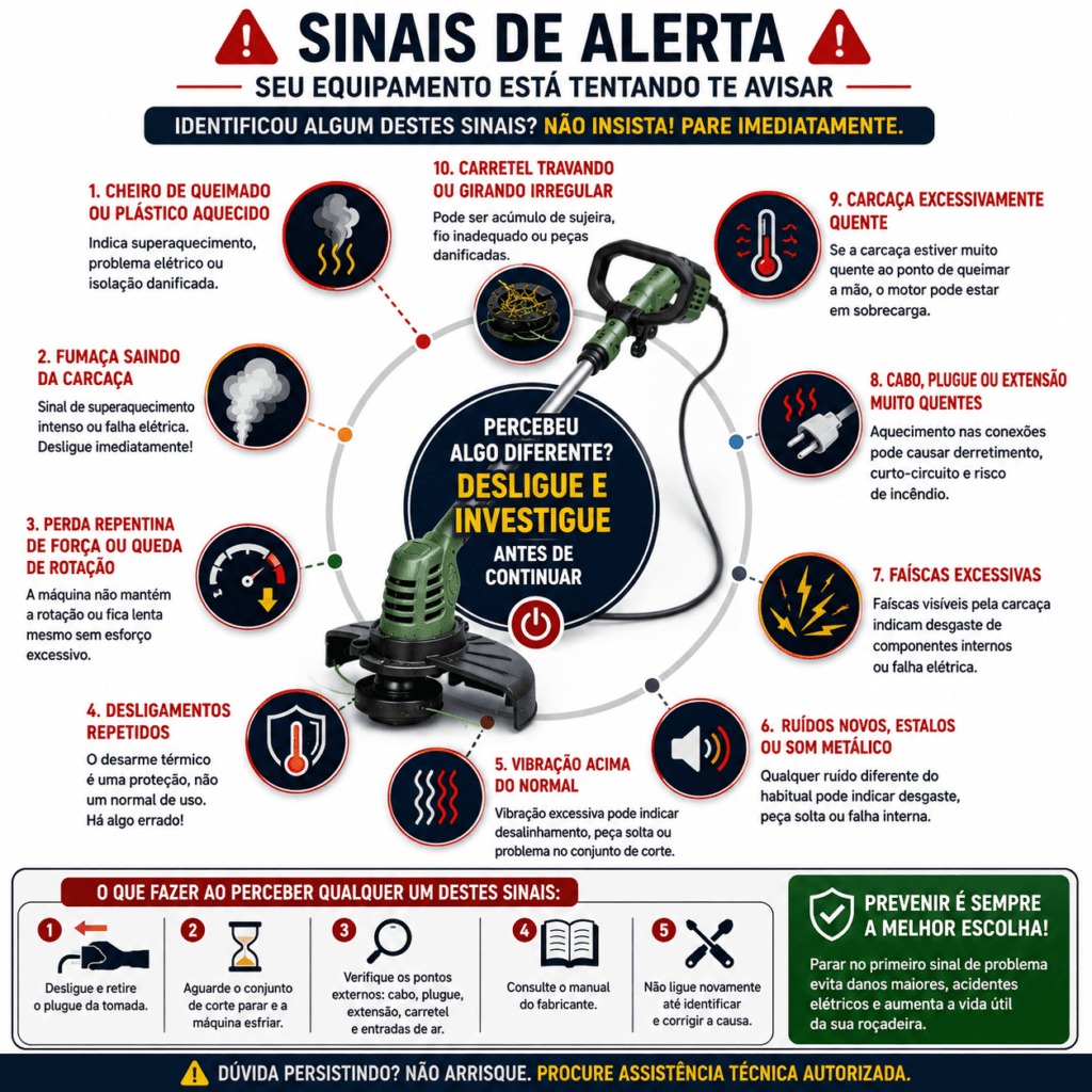 Infográfico com roçadeira elétrica ao centro e sinais de alerta como fumaça, cheiro de queimado, perda de força, vibração, faíscas e superaquecimento.