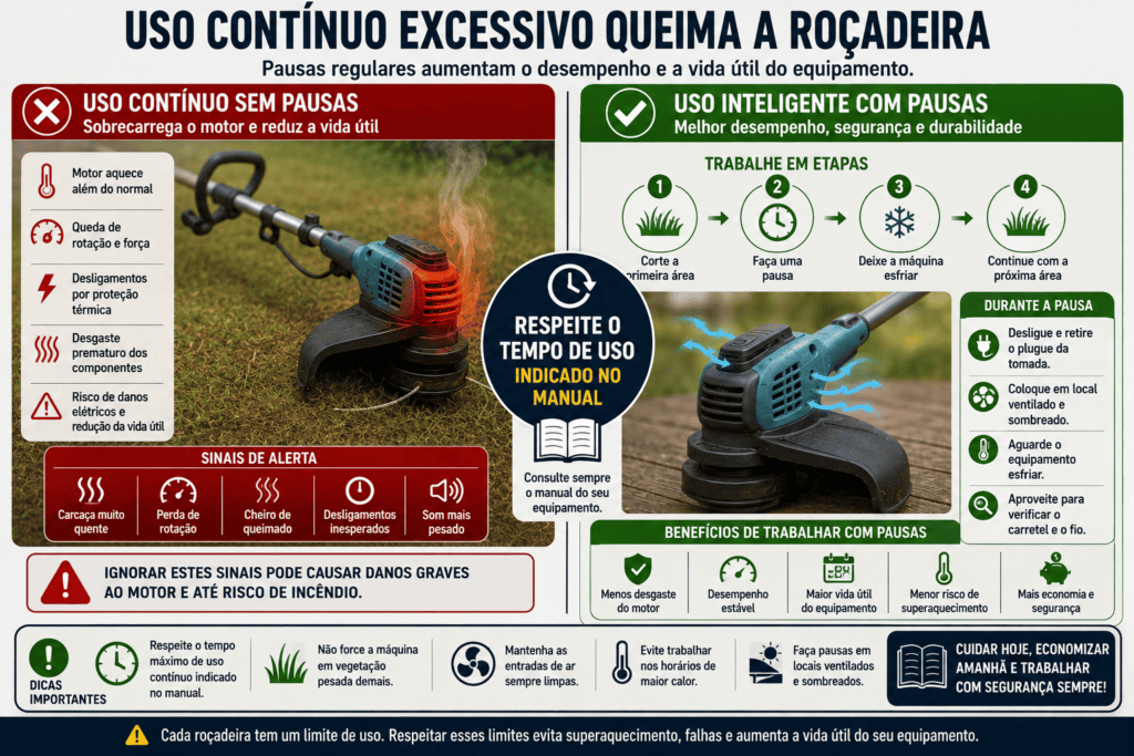 Infográfico comparando o uso contínuo excessivo da roçadeira elétrica com o trabalho em etapas e pausas para resfriamento.