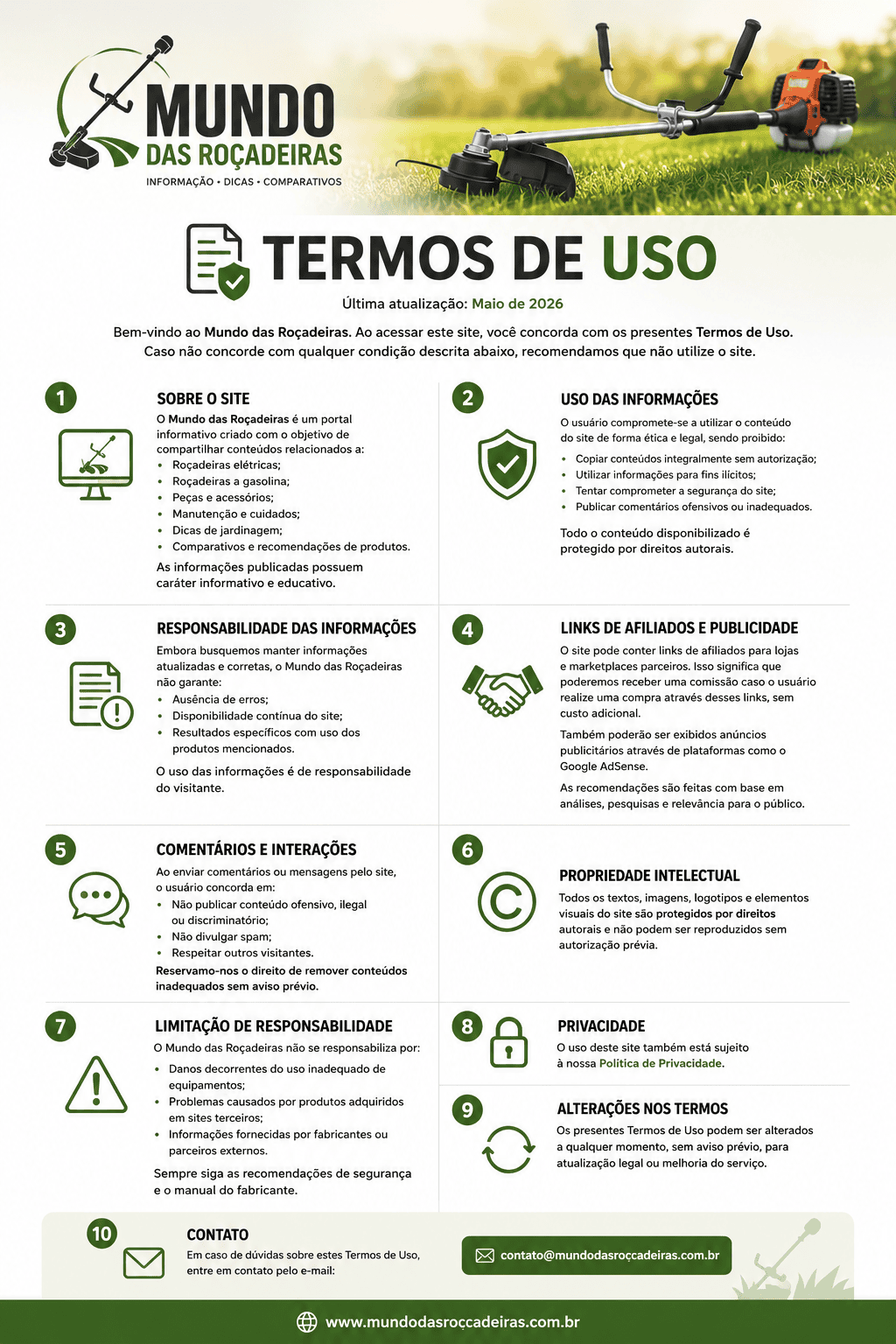 Imagem representando os termos de uso do site Mundo das Roçadeiras com roçadeira, documentos digitais e elementos de segurança online.