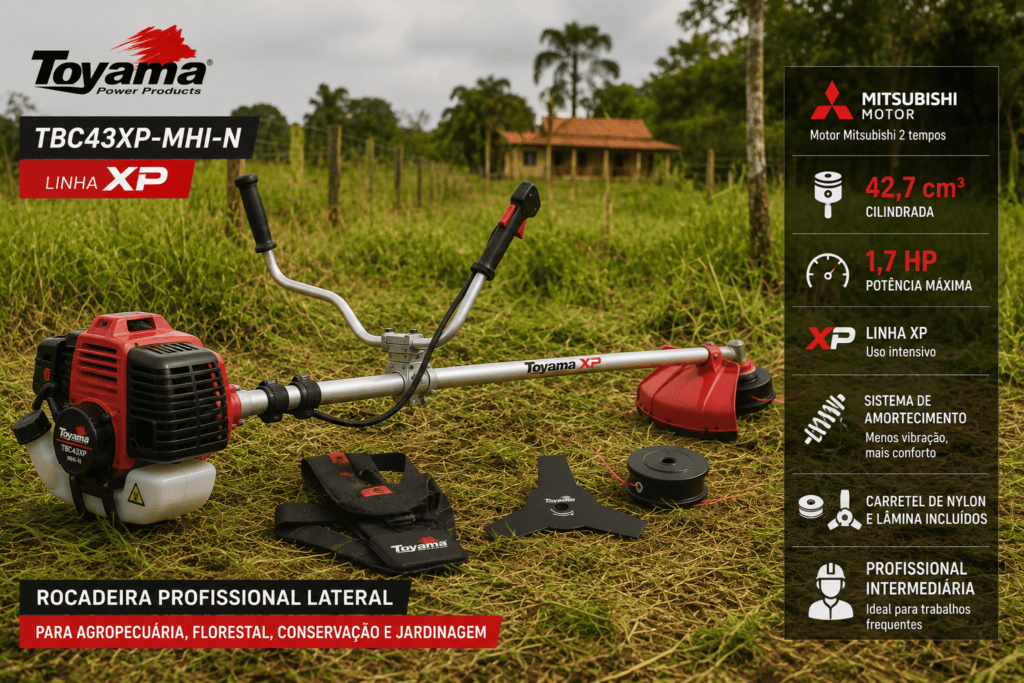 Roçadeira Toyama TBC43XP-MHI-N em área rural, com motor Mitsubishi de 42,7 cm³, potência de 1,7 HP, carretel de nylon, lâmina e sistema de amortecimento.