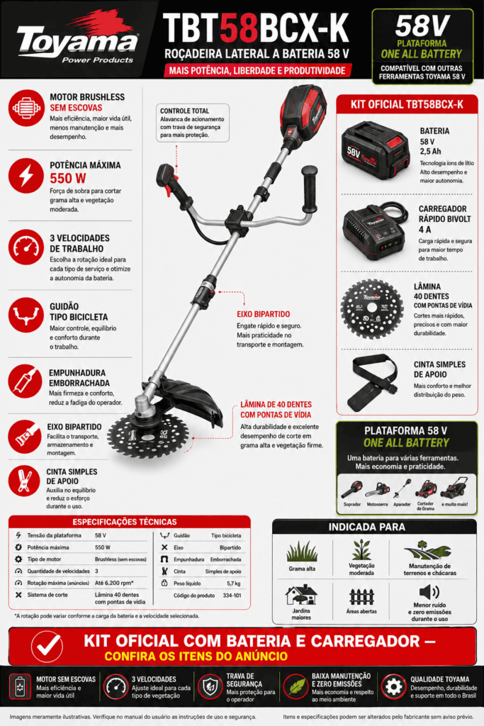 Infográfico da roçadeira a bateria Toyama TBT58BCX-K com motor brushless de 550 W, bateria de 58 V e 2,5 Ah, três velocidades, guidão tipo bicicleta, eixo bipartido e lâmina de 40 dentes.