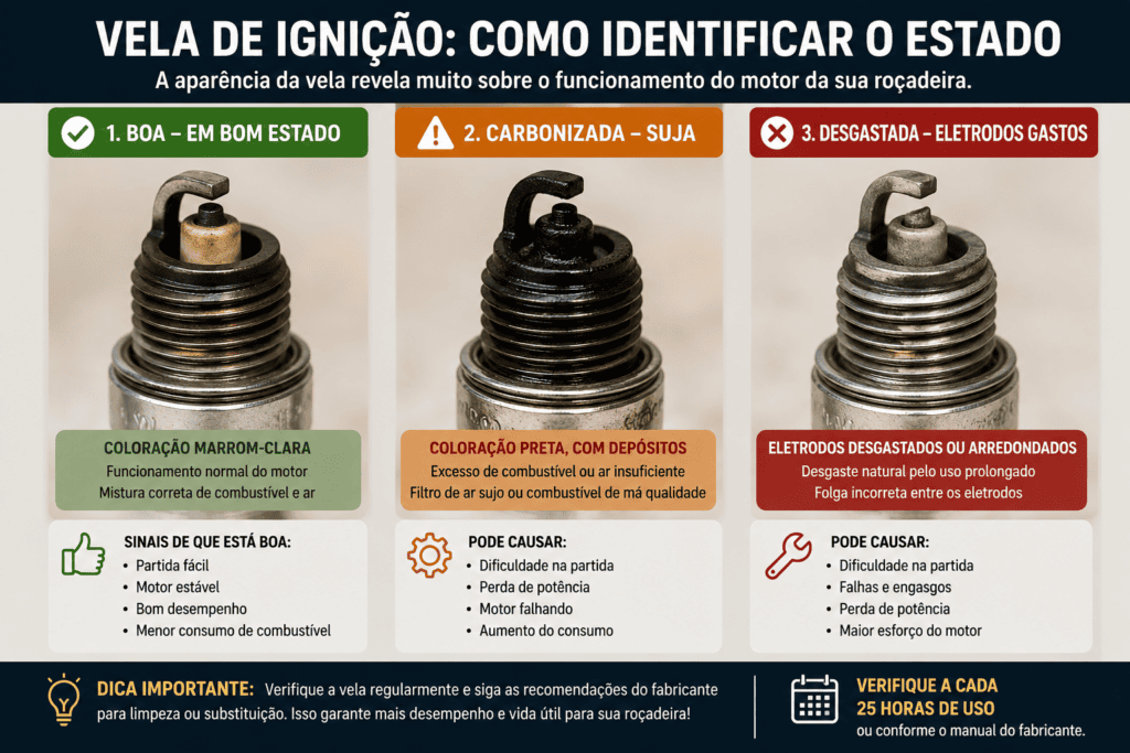 Infográfico comparando três velas de ignição de uma roçadeira a gasolina: uma em bom estado com coloração marrom-clara, uma carbonizada com depósitos de fuligem e outra desgastada com eletrodos gastos, indicando os sinais de manutenção.