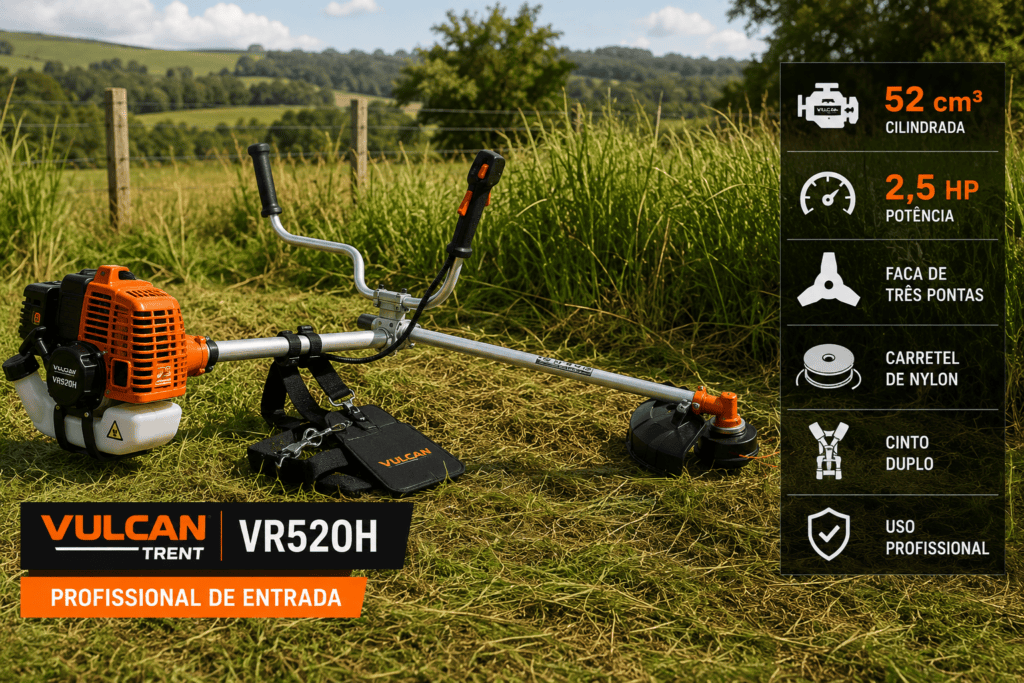 Roçadeira Vulcan Trent VR520H em propriedade rural, com motor de 52 cm³, potência de 2,5 HP, faca de três pontas, carretel de nylon e cinto duplo.