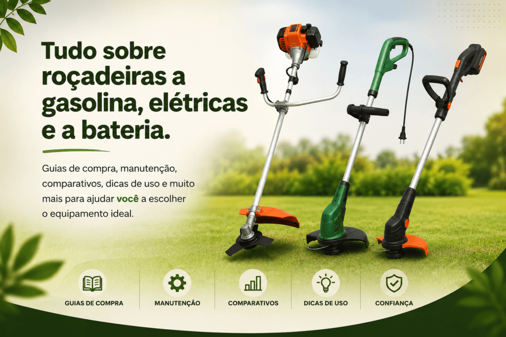 Diferentes tipos de roçadeiras apresentados pelo site Mundo das Roçadeiras