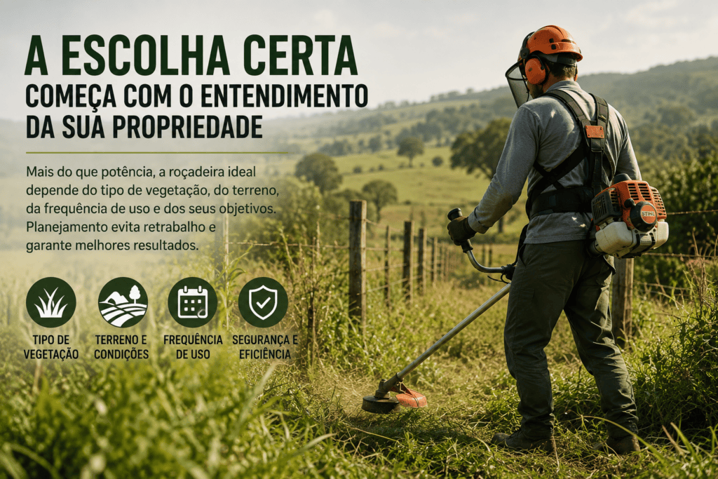 Trabalhador rural usando roçadeira próximo a uma cerca em propriedade com vegetação alta