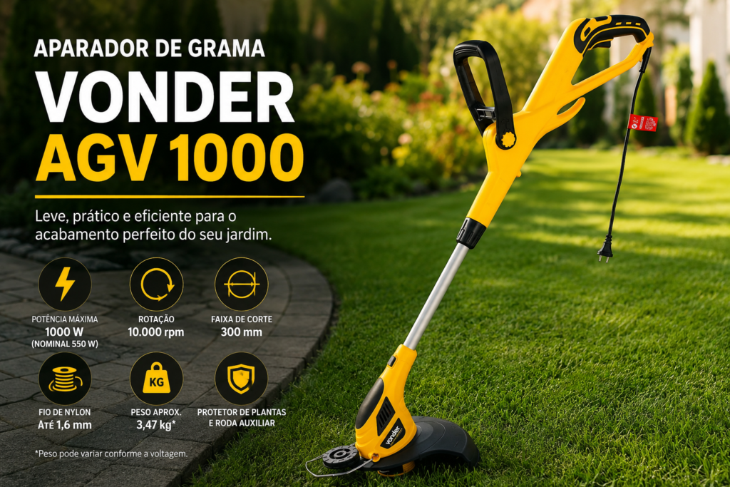 Aparador de grama VONDER AGV 1000 amarelo e preto em gramado residencial, com destaque para potência, rotação e faixa de corte.