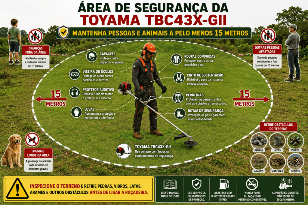 Infográfico mostrando operador com EPI e área de segurança de 15 metros ao redor da roçadeira Toyama TBC43X-GII.