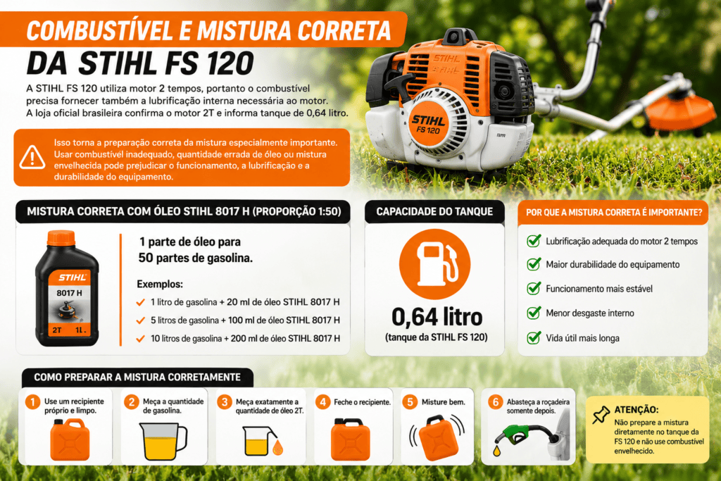 Infográfico da STIHL FS 120 mostrando motor 2 tempos, tanque de 0,64 litro e mistura 1:50 com óleo STIHL 8017 H.