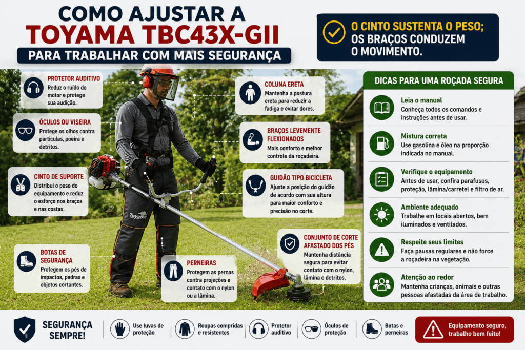 Operador usando a Toyama TBC43X-GII com postura ereta, cinto ajustado, proteção auditiva, viseira, botas e perneiras.