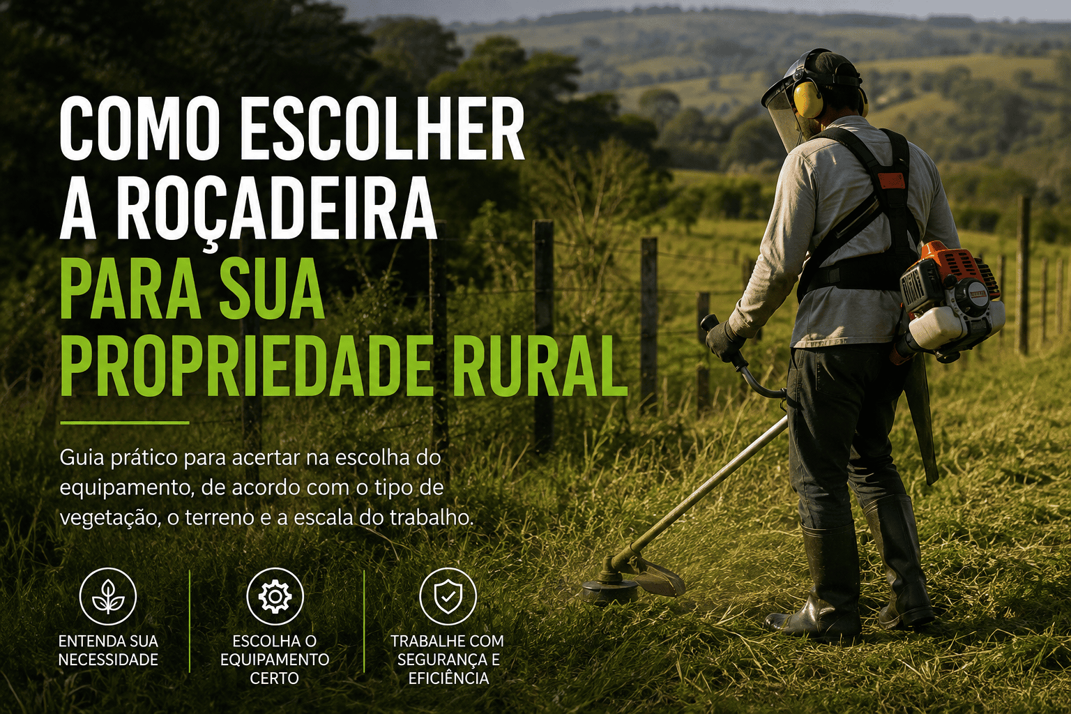 Trabalhador rural usando roçadeira em propriedade com vegetação alta e cercas ao fundo