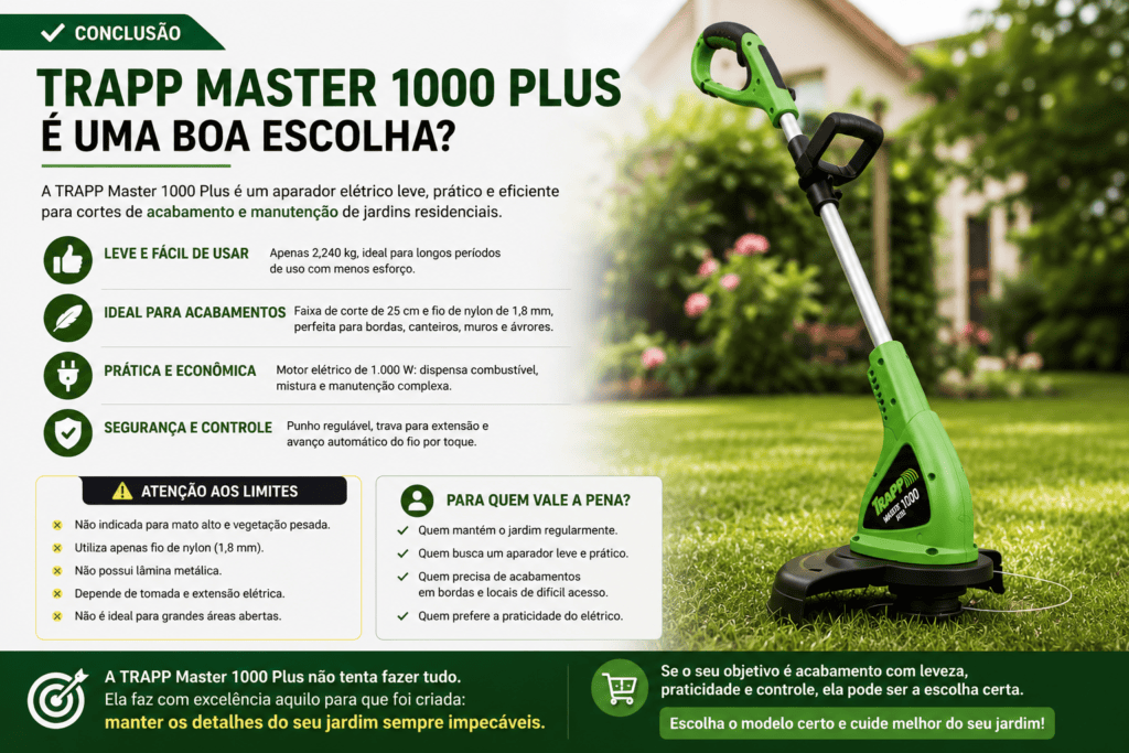Infográfico de conclusão da TRAPP Master 1000 Plus destacando leveza, potência de 1000 W, uso em acabamentos de jardins e limitações para vegetação pesada.