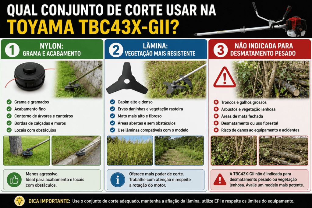 Infográfico comparando carretel de nylon, lâmina metálica e serviços não indicados para a roçadeira Toyama TBC43X-GII.