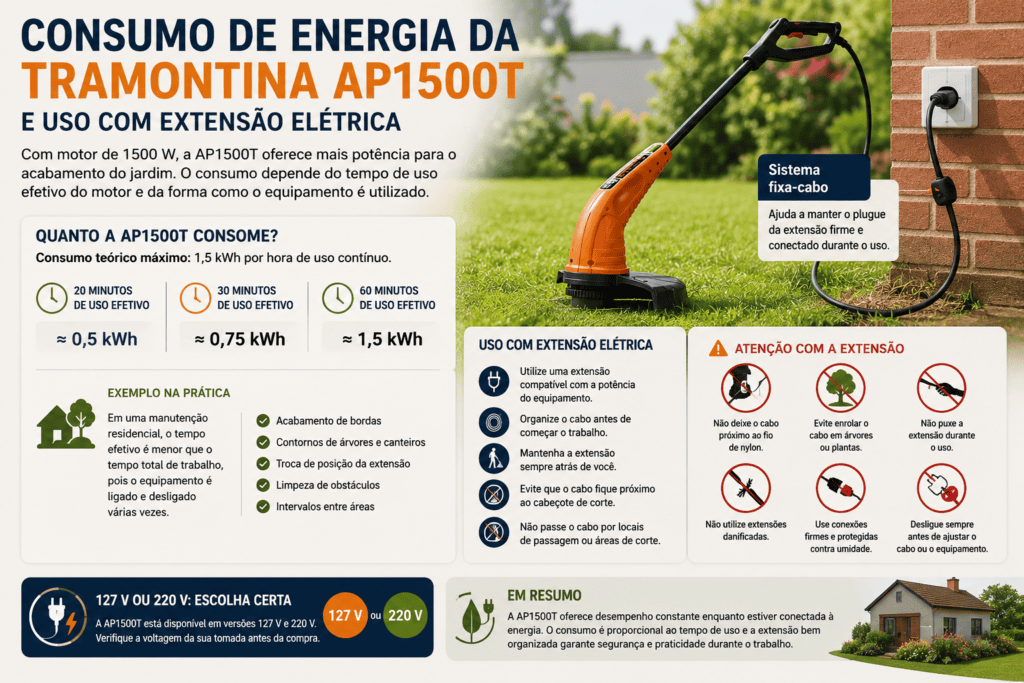 Tramontina AP1500T com informações sobre consumo de energia, uso de extensão elétrica, sistema fixa-cabo e versões 127 V e 220 V.
