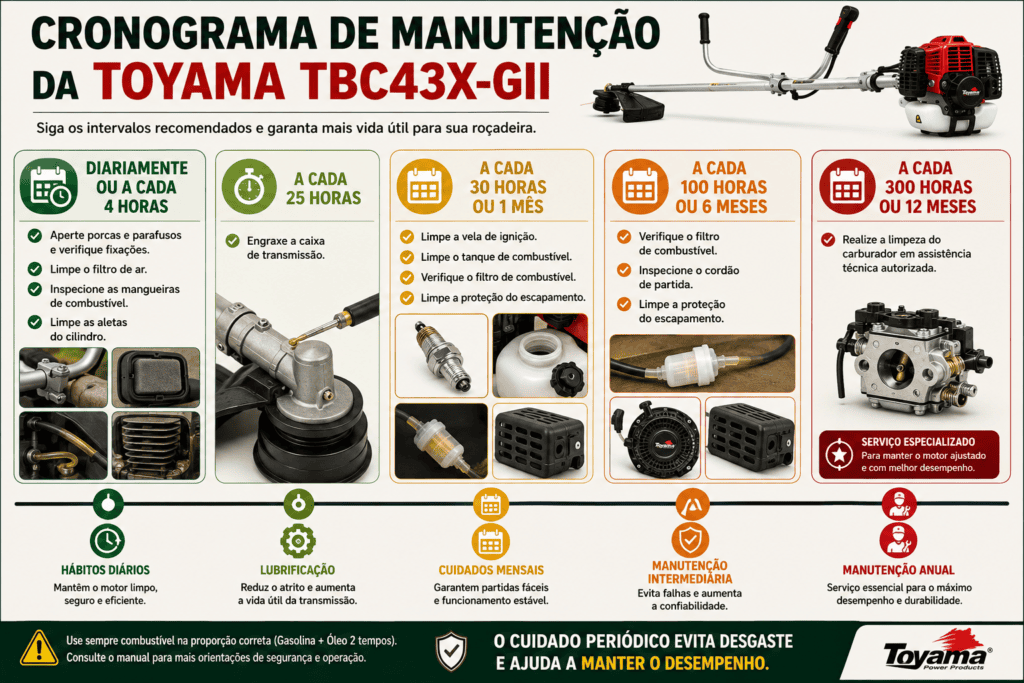 Infográfico com os intervalos de manutenção da Toyama TBC43X-GII, incluindo filtro de ar, transmissão, vela, combustível e carburador.