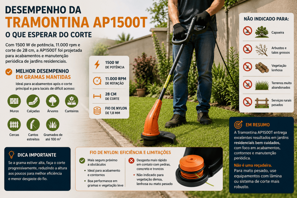 Tramontina AP1500T em uso no acabamento de um gramado, com destaque para potência, rotação, corte de 28 cm e limitações do fio de nylon.