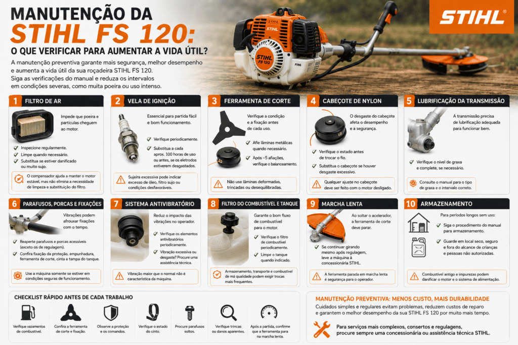 Infográfico de manutenção da STIHL FS 120 com verificações de filtro de ar, vela, lâmina, cabeçote, transmissão, fixações, combustível e armazenamento.
