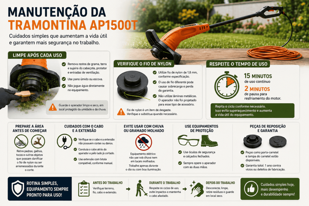 Infográfico de manutenção da Tramontina AP1500T com orientações sobre limpeza, fio de nylon, tempo de uso, extensão elétrica e segurança.