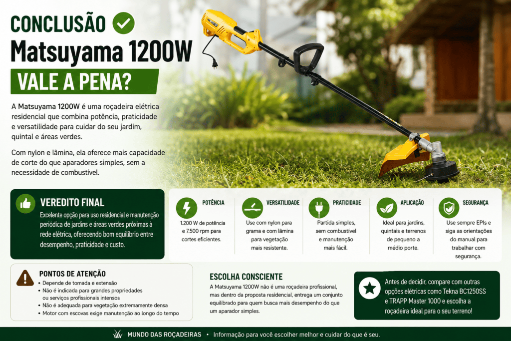 Roçadeira elétrica Matsuyama 1200W em jardim com resumo de vantagens, limitações e aplicações