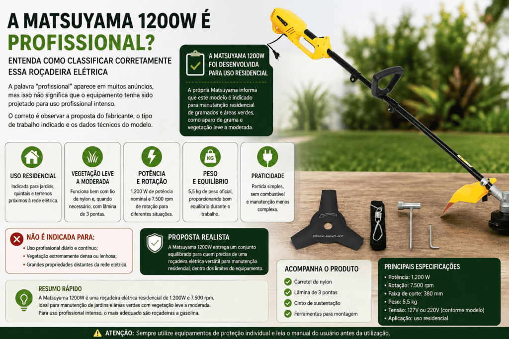 Roçadeira elétrica Matsuyama 1200W com lâmina de 3 pontas, carretel de nylon e informações sobre uso residencial