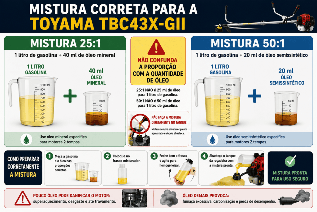Infográfico mostrando a mistura 25:1 com 40 ml de óleo mineral e 50:1 com 20 ml de óleo semissintético para cada litro de gasolina.
