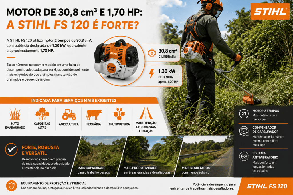 Infográfico da roçadeira STIHL FS 120 destacando motor 2 tempos de 30,8 cm³, potência de 1,30 kW e aplicações em serviços mais exigentes.